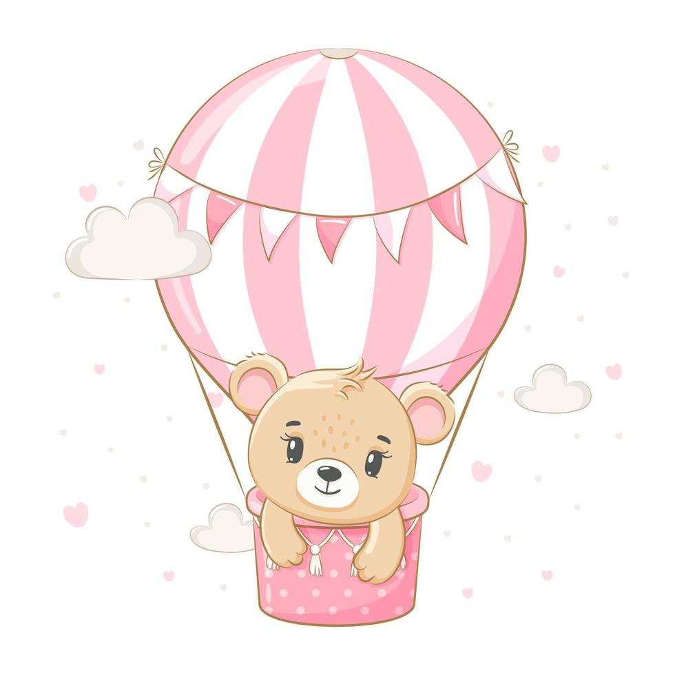 A cute teddy bear girl is flying in a balloon. Vector illustration of a cartoon.