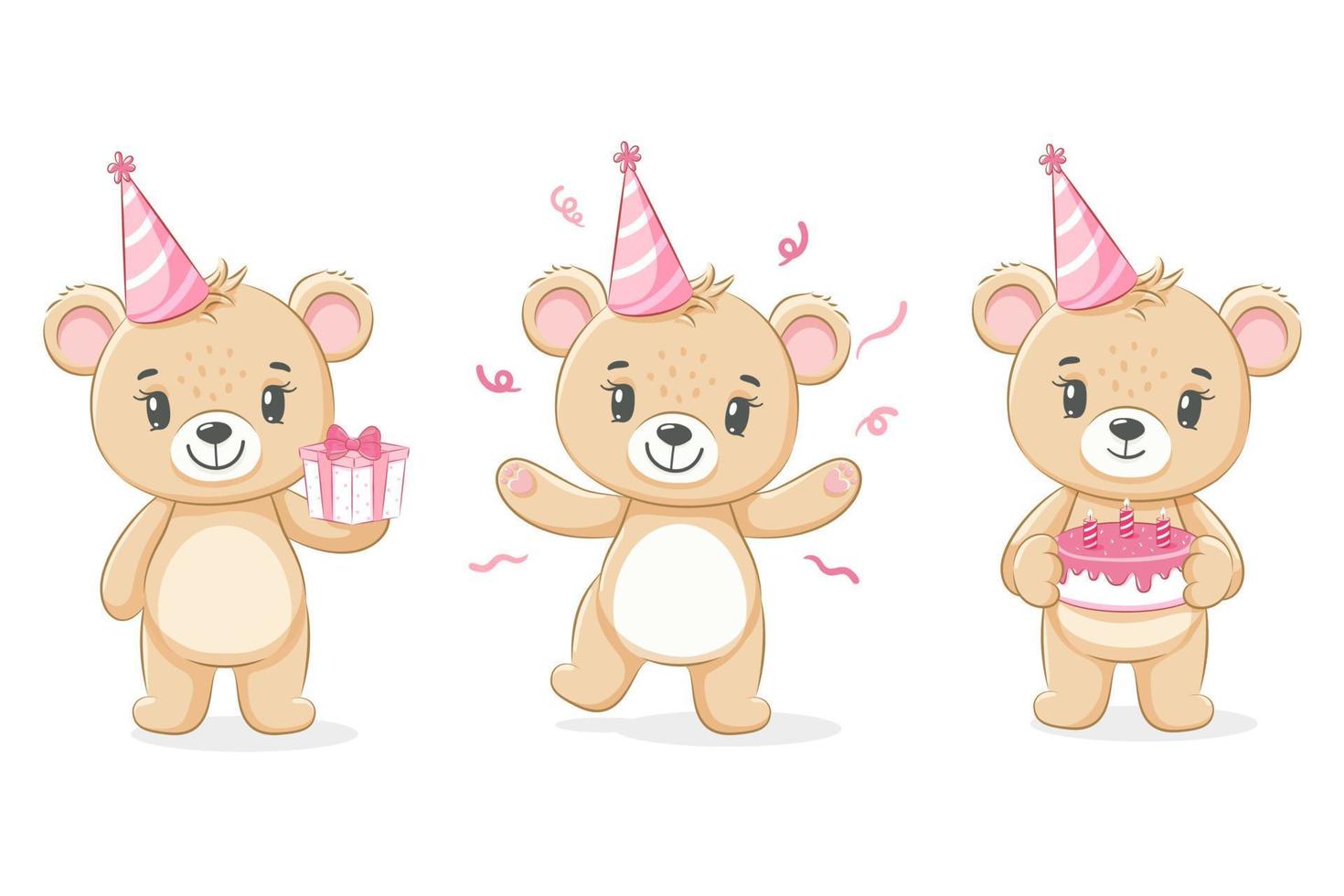 A cute teddy bear wishes you a happy birthday. For a girl. Vector illustration of a cartoon.