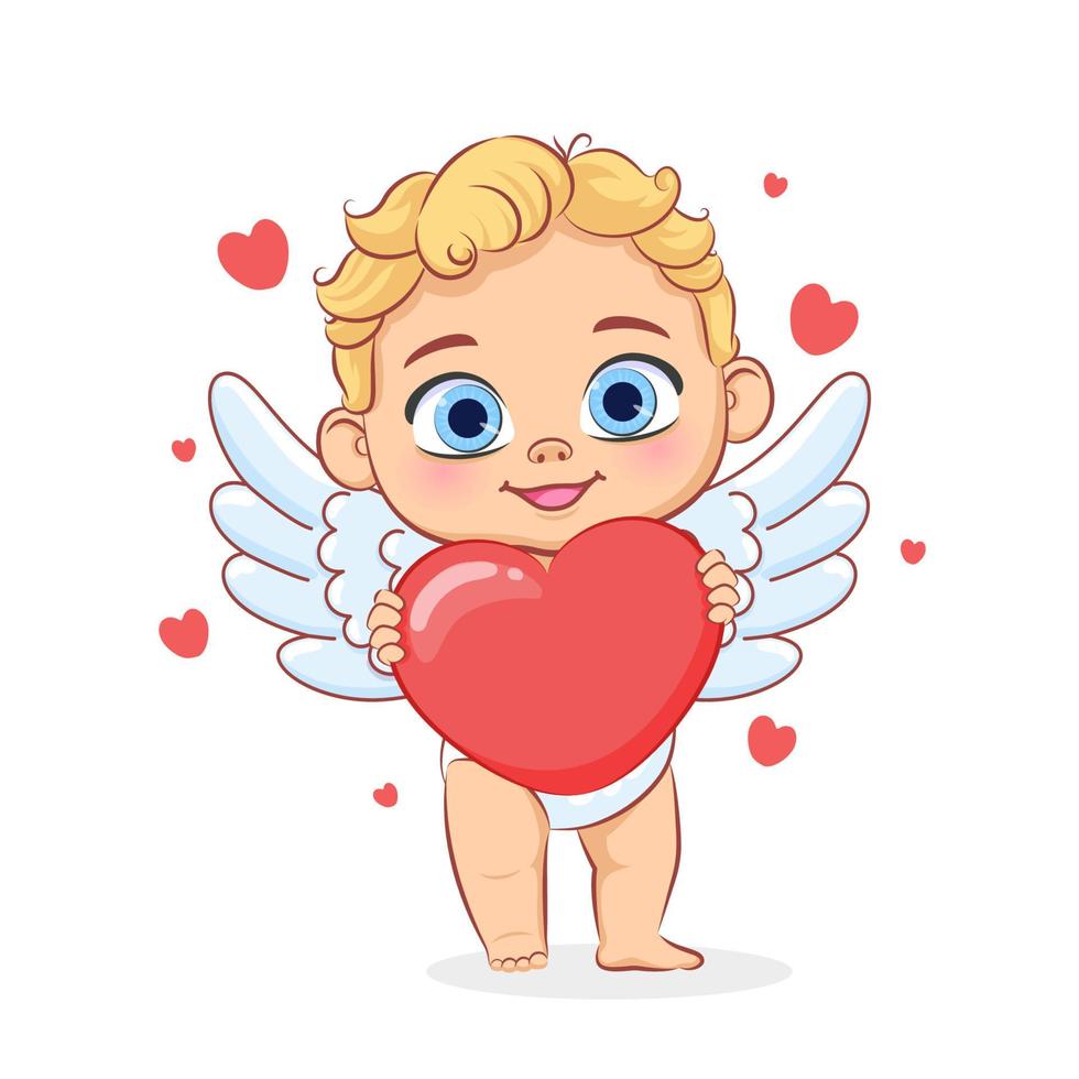 lindo bebé cupido con un corazón en sus manos. ilustración de dibujos animados vectoriales. vector