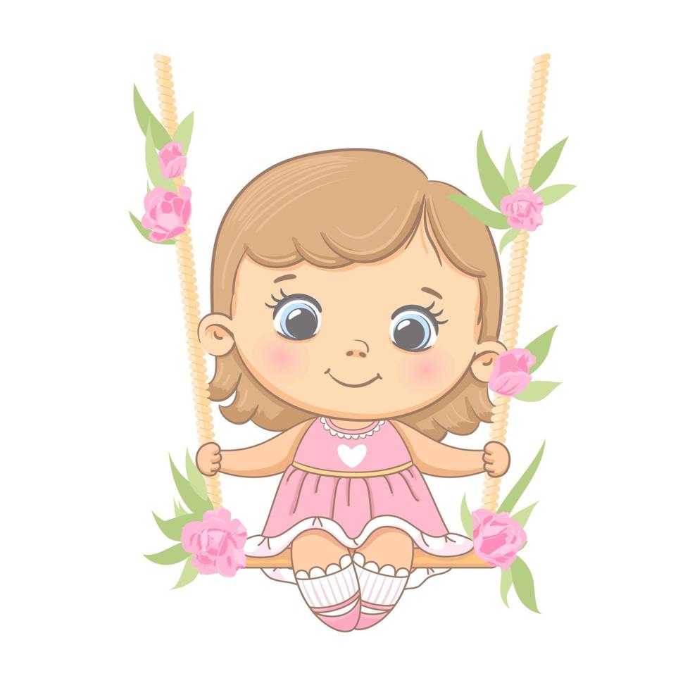 A cute girl is swinging on a swing. Vector illustration of a cartoon.