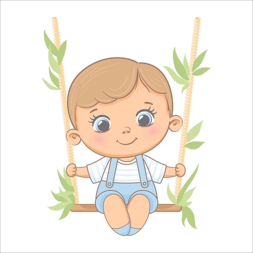 Cute boy swinging on a swing. Vector illustration of a cartoon.