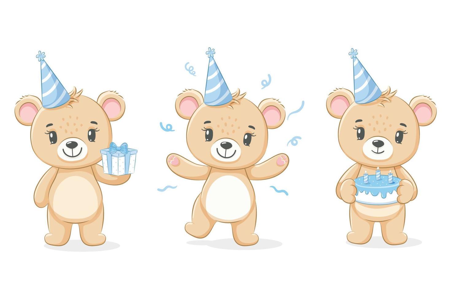 A cute teddy bear wishes you a happy birthday. For a boy. Vector illustration of a cartoon.