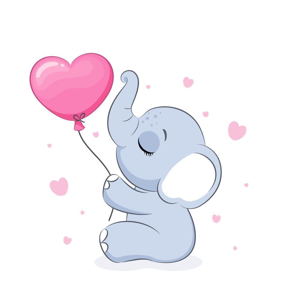 lindo elefante con corazones, soñando con los ojos cerrados. Día de San Valentín. ilustración vectorial de una caricatura. vector