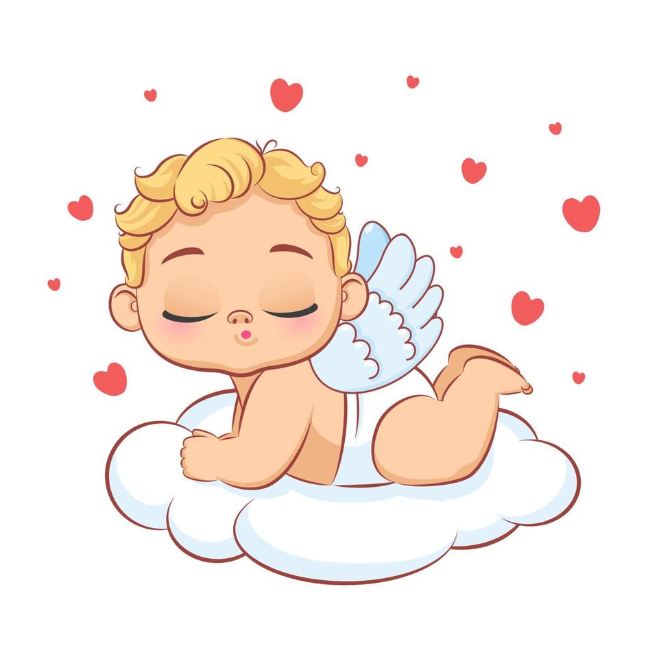 Cute baby cupid on a cloud. Vector cartoon illustration.