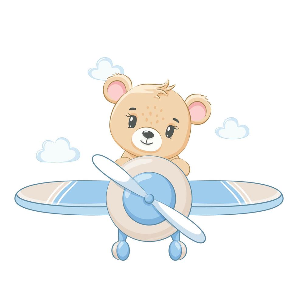 A cute teddy bear is flying on a plane. Vector illustration of a cartoon.