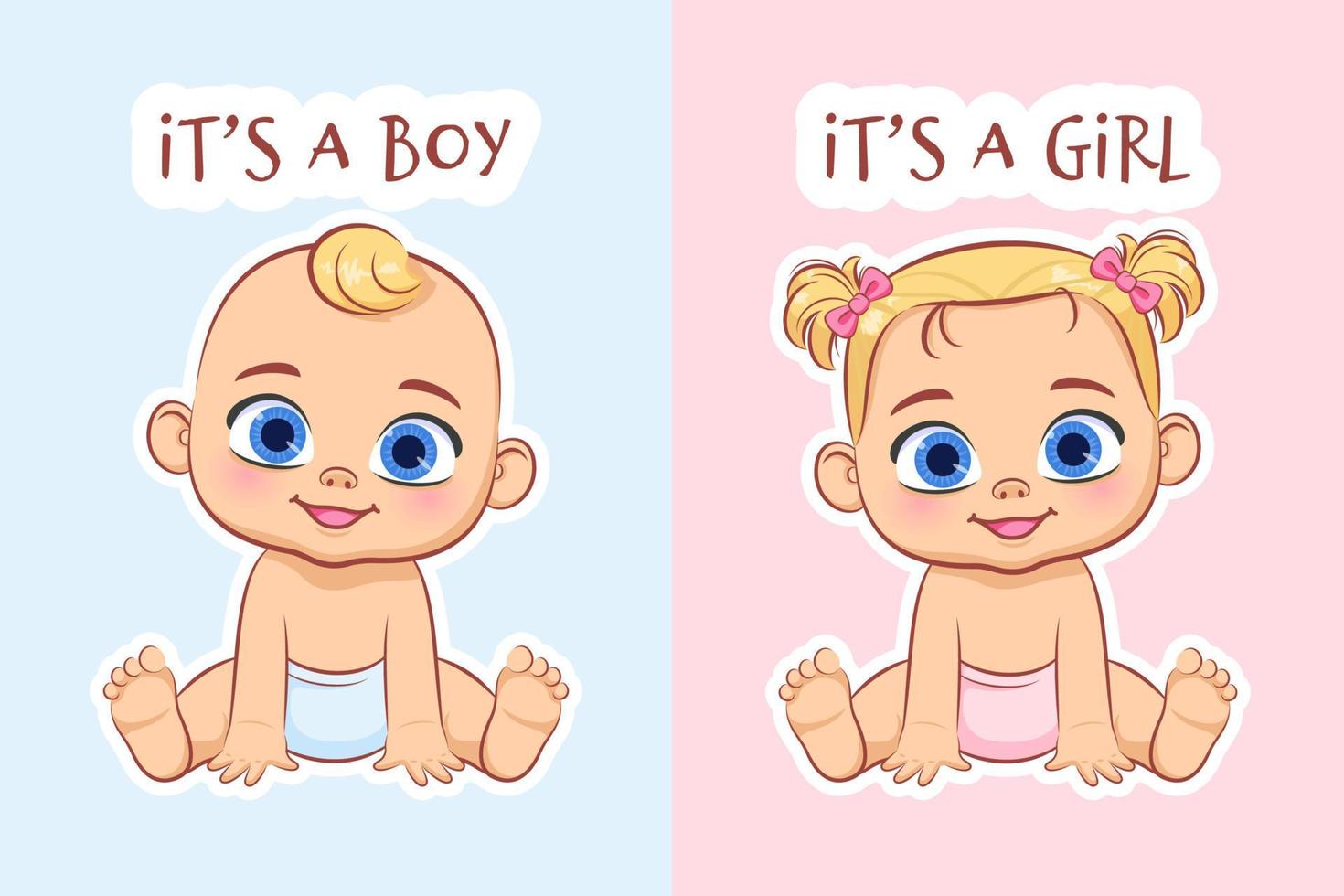 Cute baby in a diaper. Boy and Girl. A set of vector cartoon illustrations .