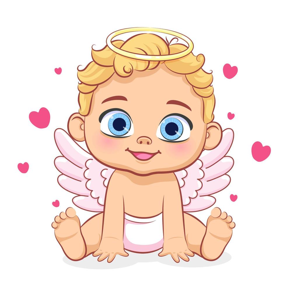 Cute baby cupid is sitting. Vector cartoon illustration.