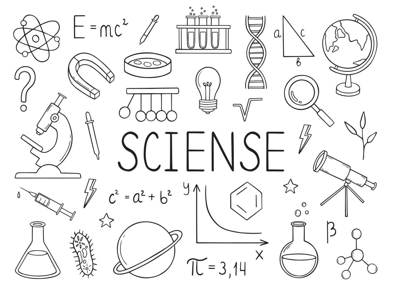 Set of Education and Science doodle. Formulas in physics, mathematics and chemistry, laboratory equipment in sketch style. Hand drawn vector illustration.