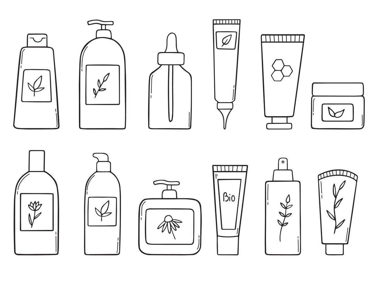 Hand drawn set of organic cosmetics doodle. Cosmetic bottles in sketch style. Natural products. Cream, mask, shampoo and lotion. Vector illustration isolated on white background.