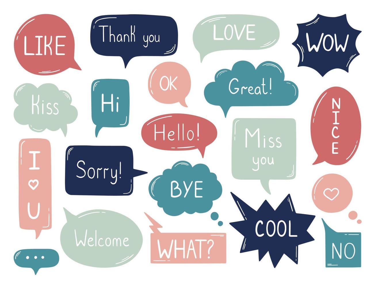 Hand drawn set of speech bubble sketch doodle. Handwritten phrases ok, yes, thank you, wow, hello, love, sorry. Vector illustration isolated on white background.