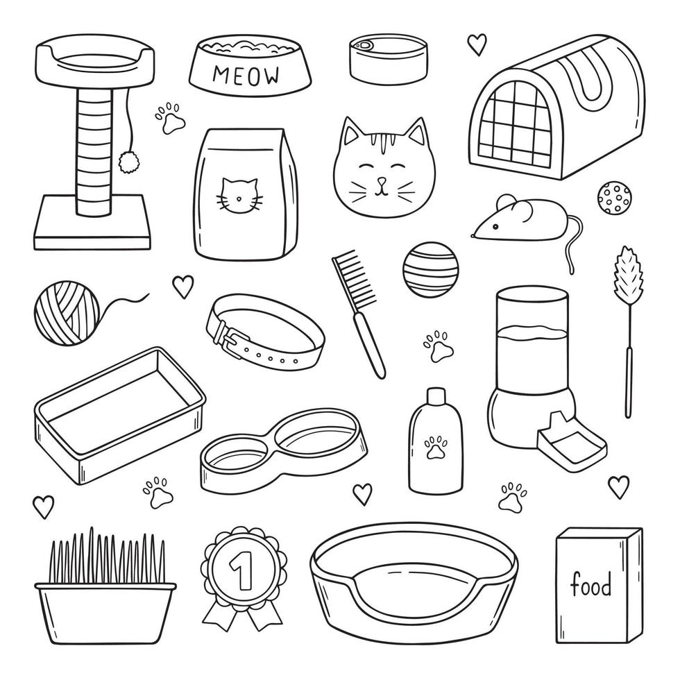 Hand drawn set of cat and pet accessories doodle. Supplies and equipment cats in sketch style. Bowl, toys, collar, food. Vector illustration isolated on white background.