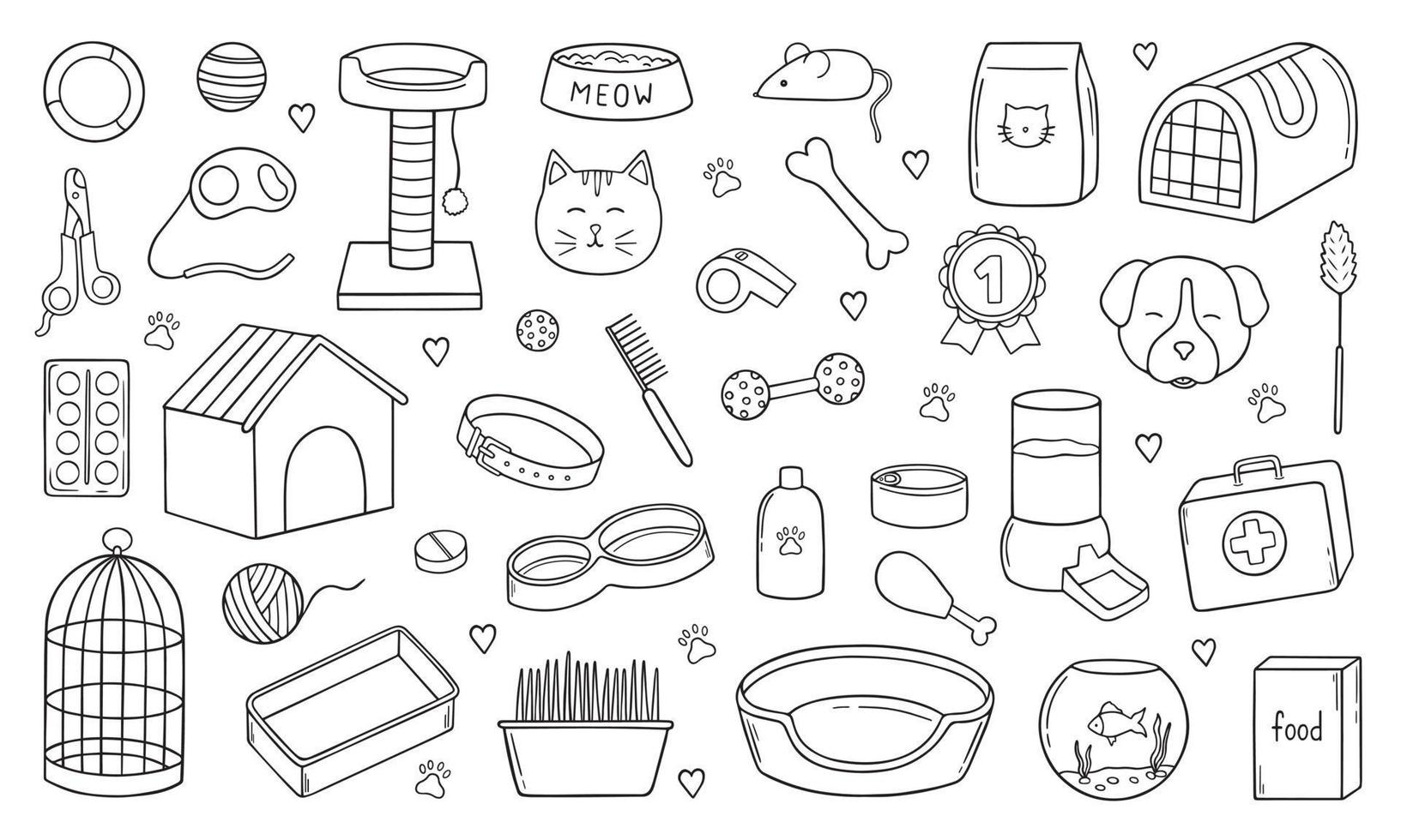 Hand drawn set of Pets shop and veterinary doodle. Supplies and accessories for dogs and cats in sketch style. Bowl, toys, collar, food, kennel. Vector illustration isolated on white background.