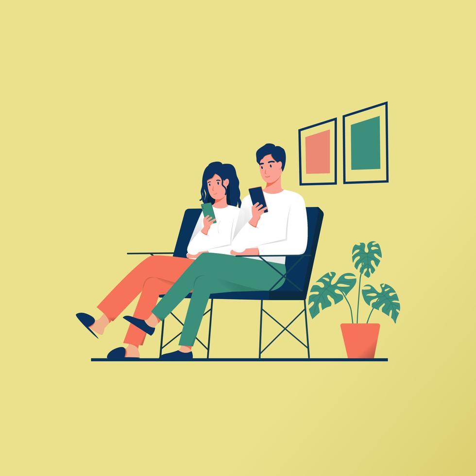 A young girl and a guy sit on the sofa and use a smartphone. Vector illustration