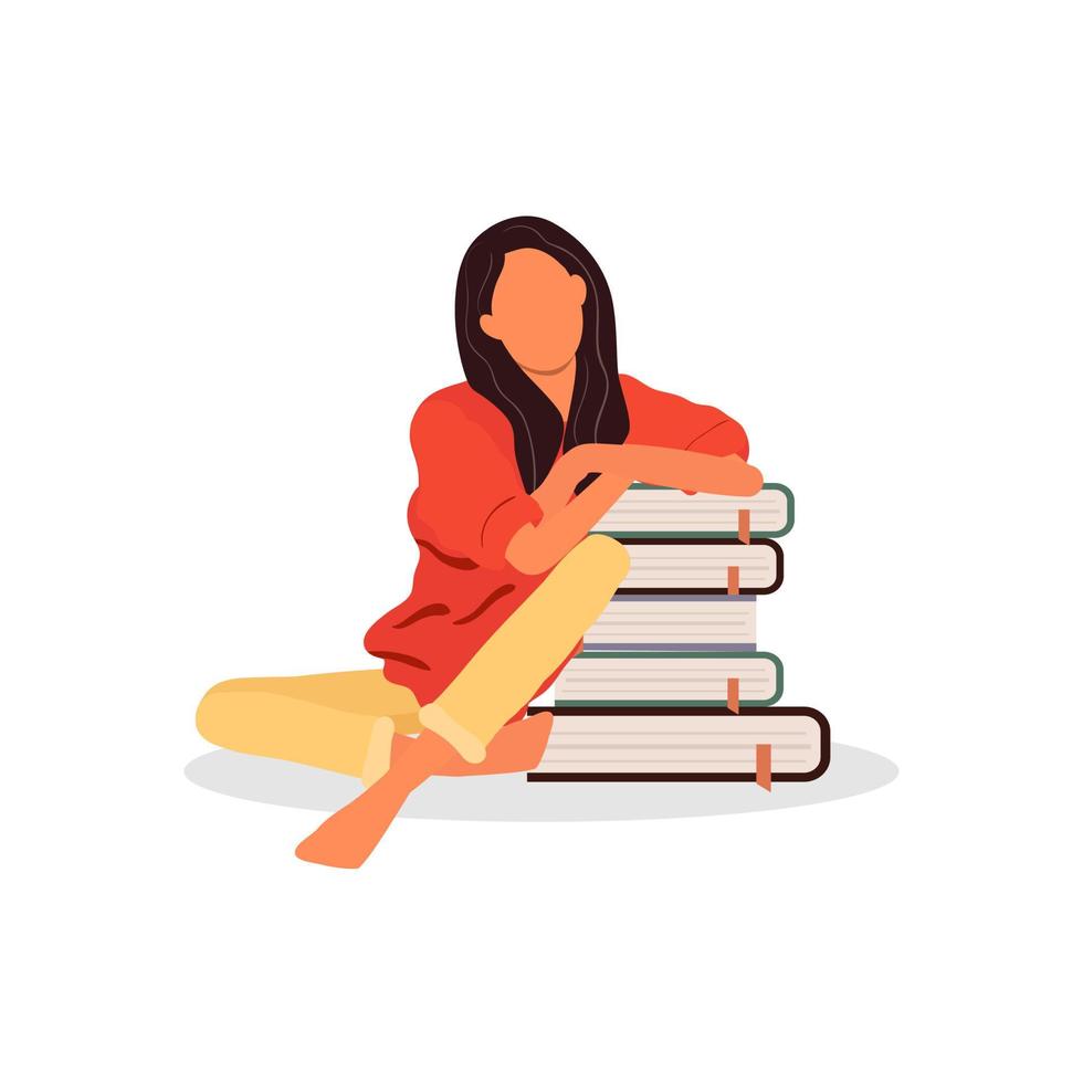 Girl sitting with the book isolated on the white background. Studying concept. Vector illustration