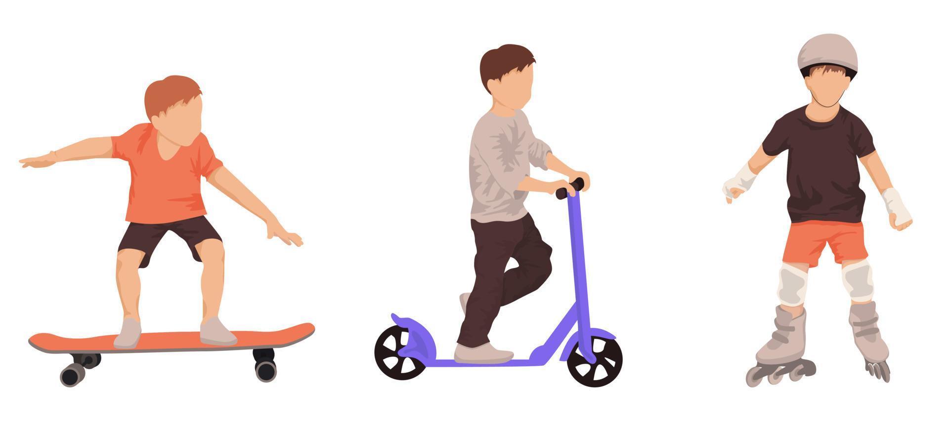 Collection of children doing sport. The boys go rollerblading, skateboarding and scootering. Vector illustration