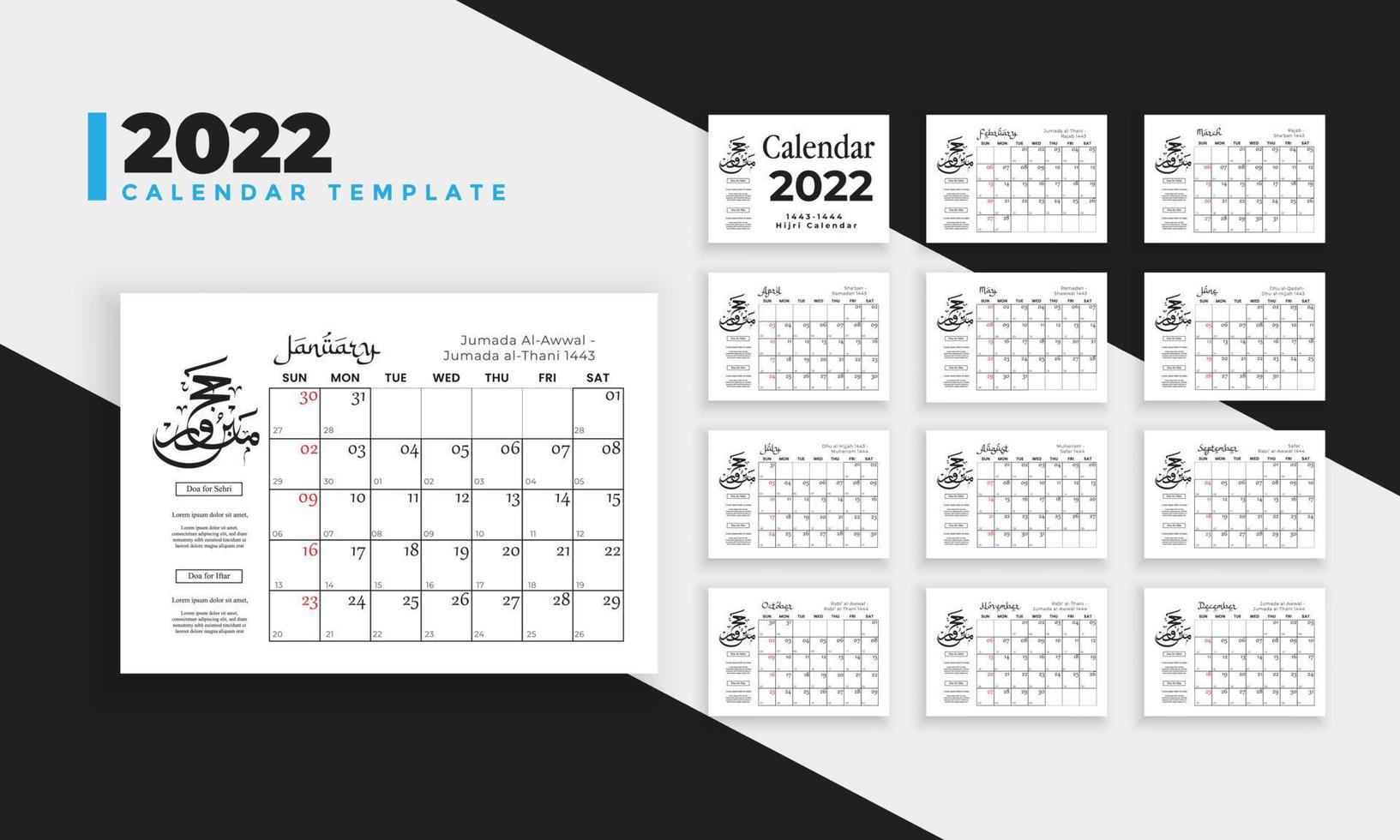 plantilla de calendario de escritorio de ramadán minimalista para el año 2022 un conjunto de páginas para 12 meses y portada de 2022 ilustración vectorial vector