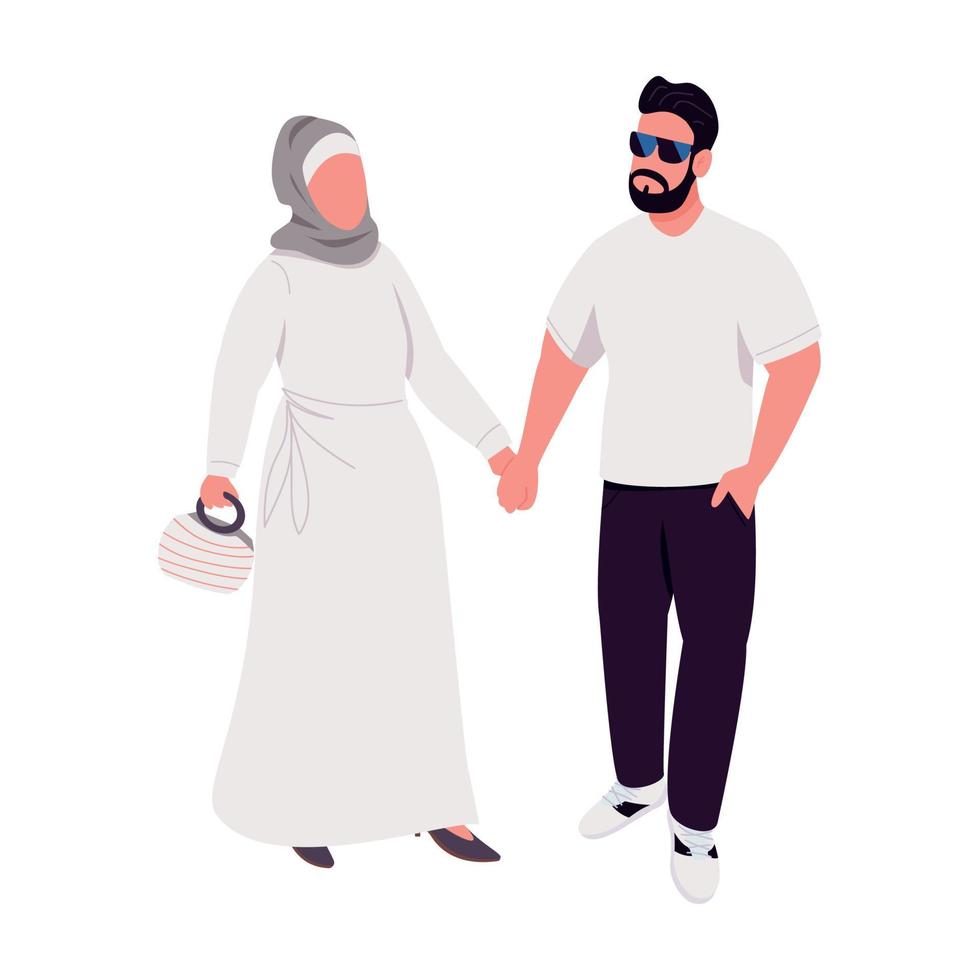 pareja feliz caminando y tomados de la mano personajes vectoriales de color semiplano vector