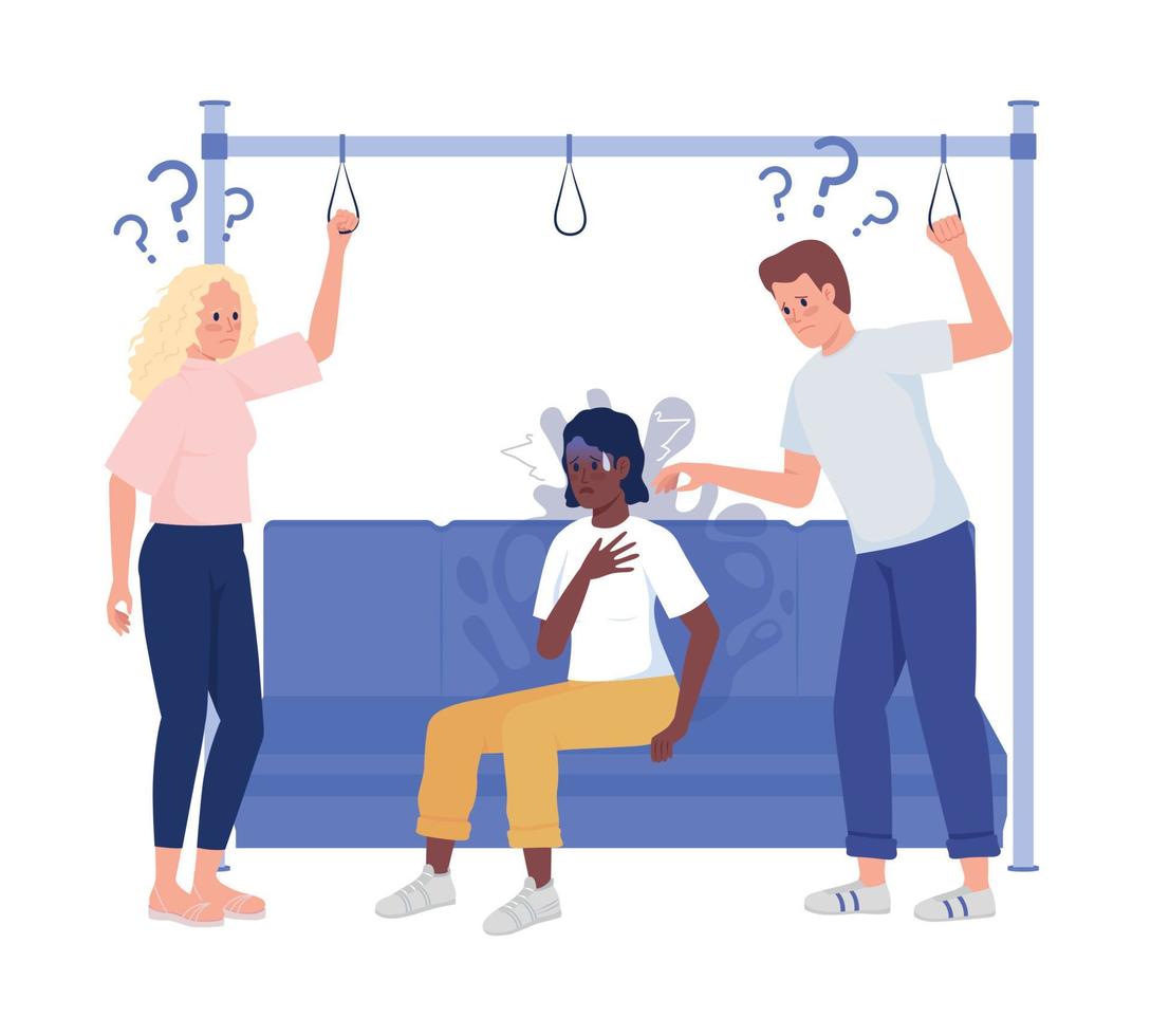 Panic episode on public bus semi flat color vector characters