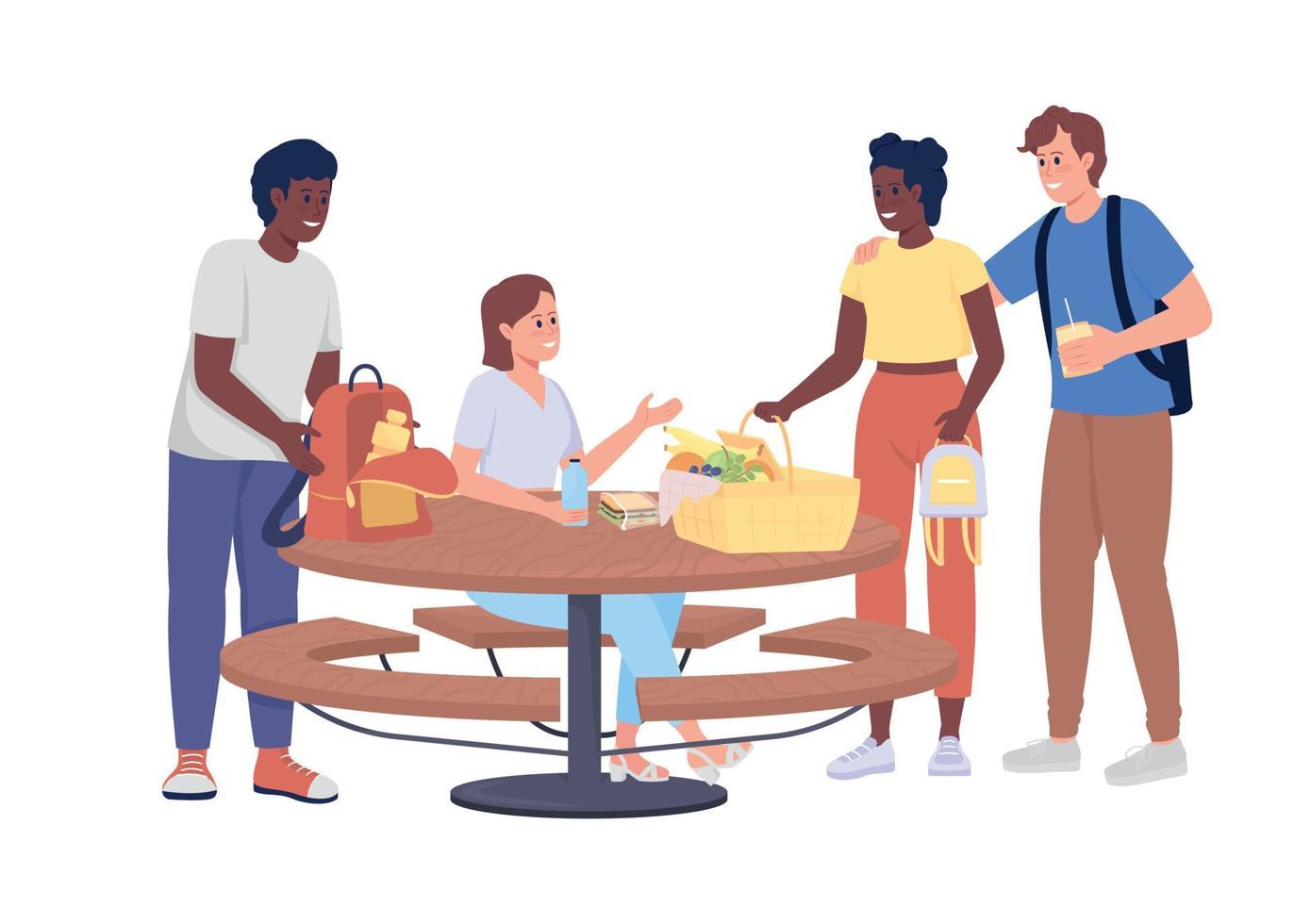 Friends meeting for picnic semi flat color vector characters