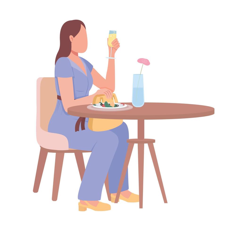 Woman enjoying sparkling juice drink and salad semi flat color vector character