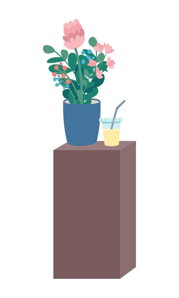 Wooden bedside with flowers and juice above semi flat color vector object