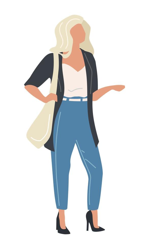 Light haired woman wearing jeans and heels semi flat color vector character