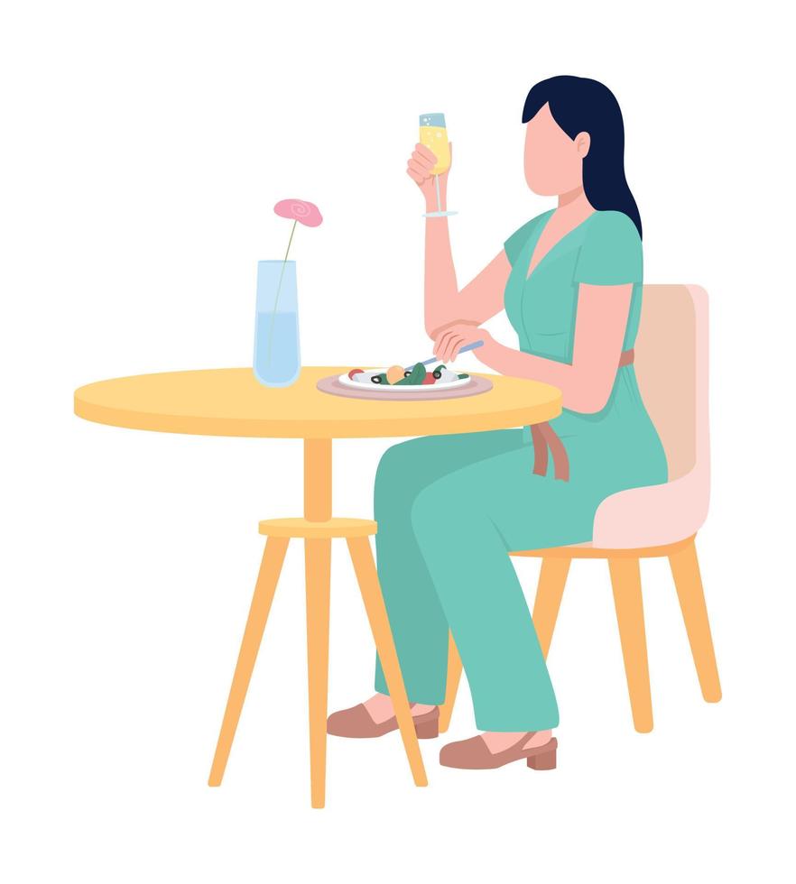 mujer disfrutando de un cóctel carbonatado y una cena de carácter vectorial de color semiplano vector