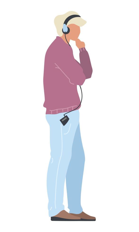 Light haired man listening to music in headphones semi flat color vector character