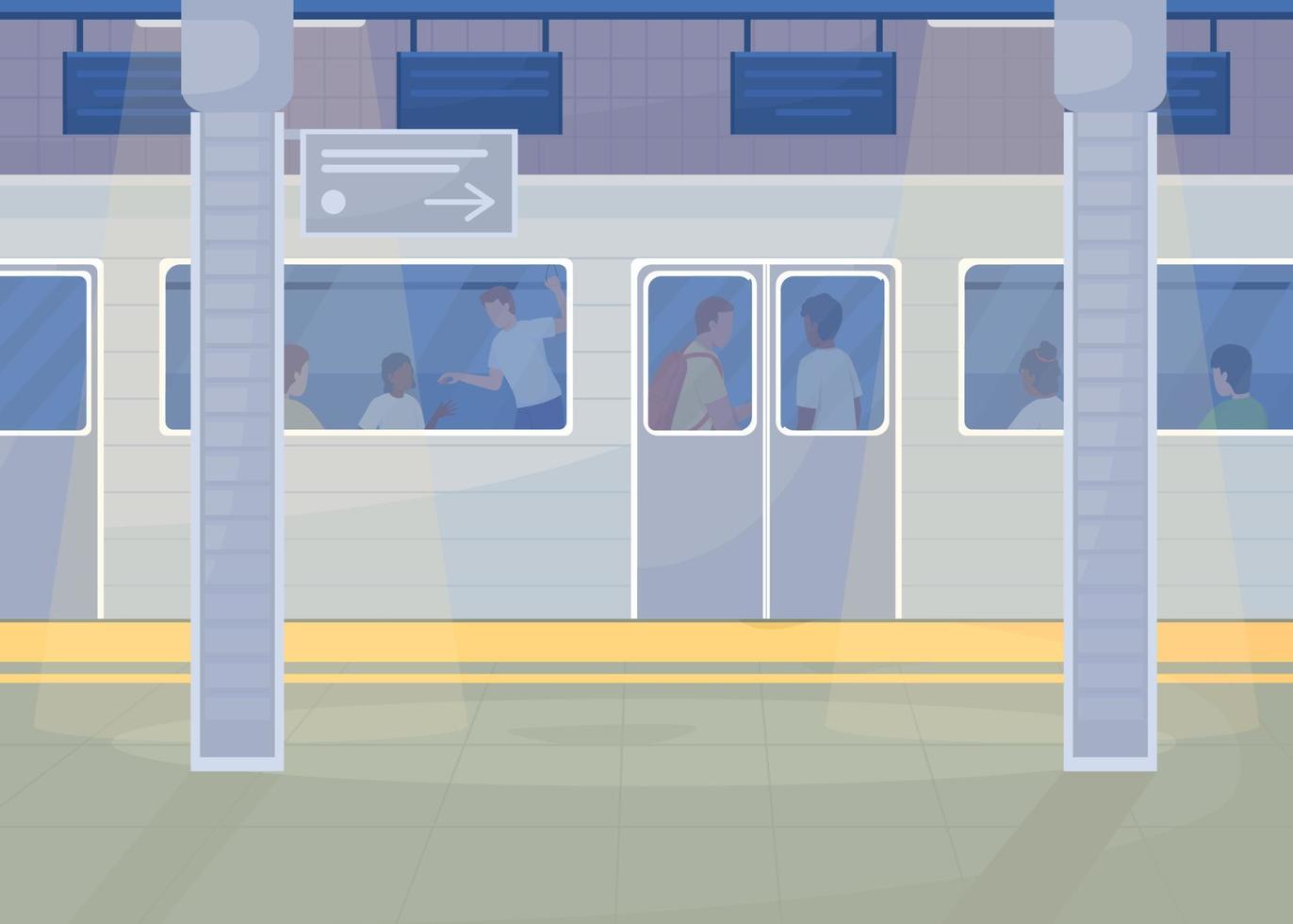 Metro station with electric train flat color vector illustration