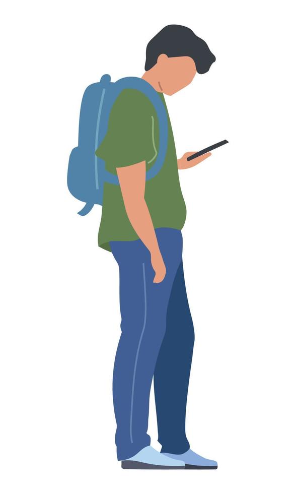 Dark haired young man searching info on mobile device semi flat color vector character