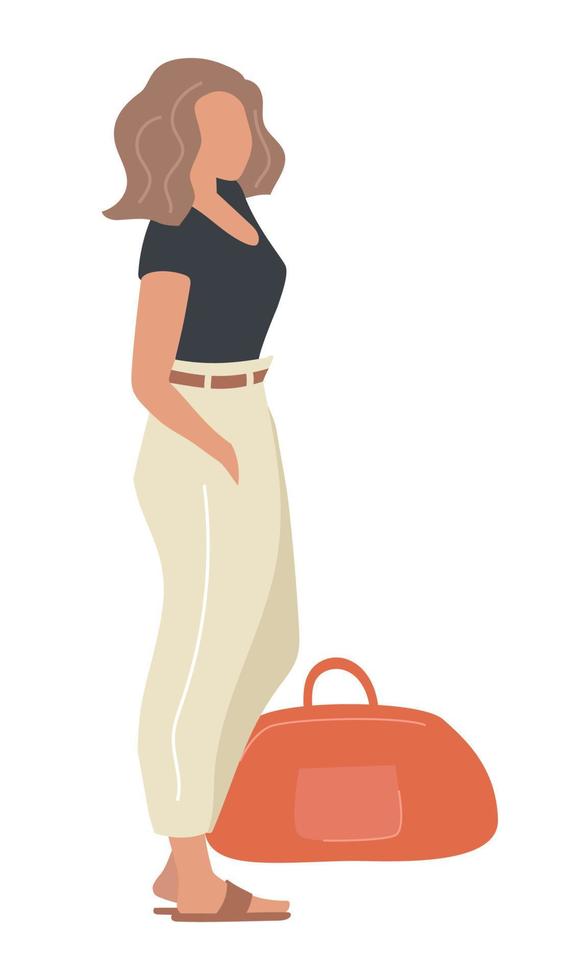 mujer elegante con cabello castaño ondulado y una gran bolsa roja de carácter vectorial de color semiplano vector