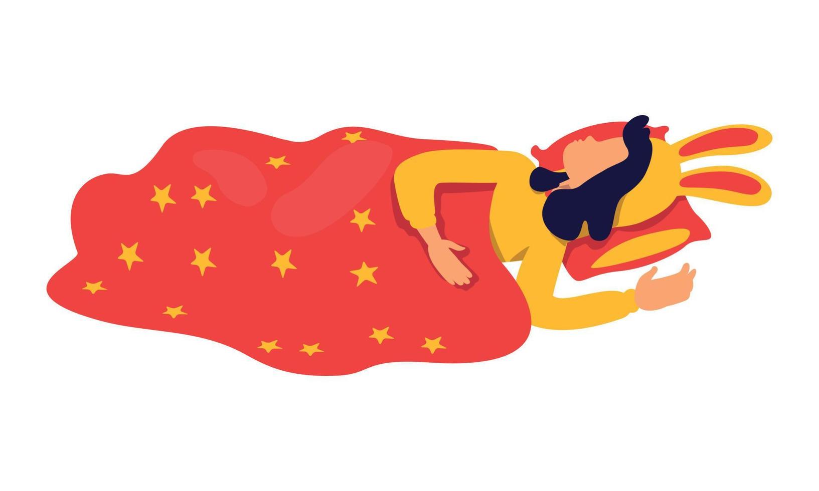 Little girl sleeping under star throw blanket semi flat color vector character