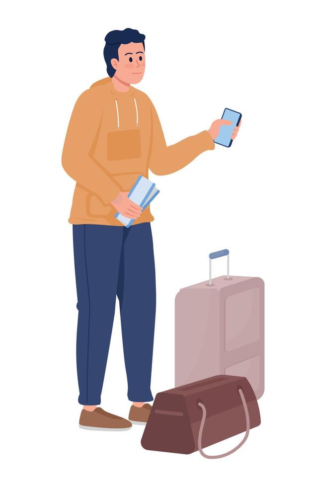 joven con bolsas de equipaje y billete de avión de carácter vectorial de color semiplano vector
