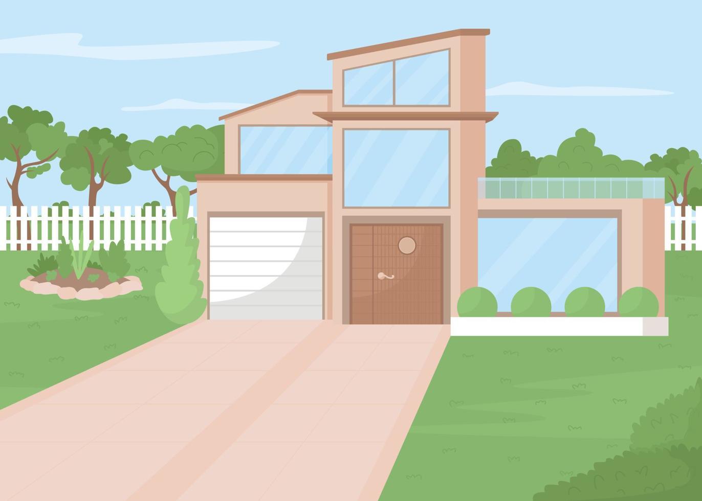 Luxury house with garden flat color vector illustration