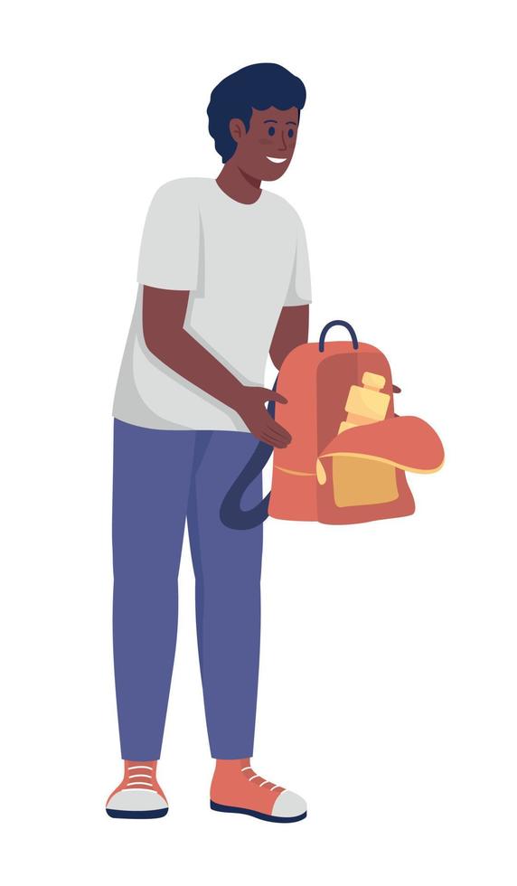 Male teenager holding opened backpack semi flat color vector character