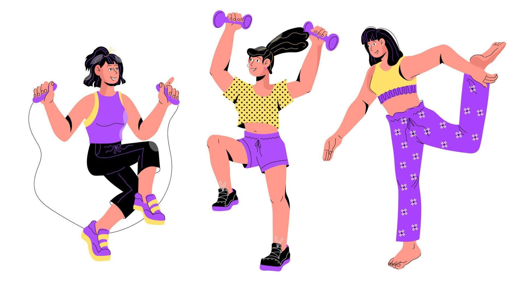 mujeres involucradas en diferentes deportes: ejercicios de yoga, ejercicios de gimnasia y cardio, ilustración vectorial plana de dibujos animados aislada en el fondo blanco. estilo de vida saludable y concepto de fitness. vector