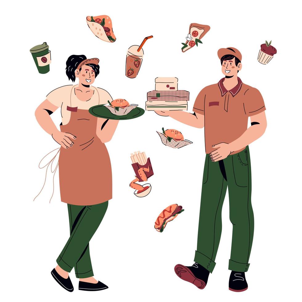 camarera y personajes de dibujos animados de mensajería de entrega. personal de restaurante o cafetería listo para servir y entregar comida a los clientes, ilustración vectorial plana de dibujos animados. vector