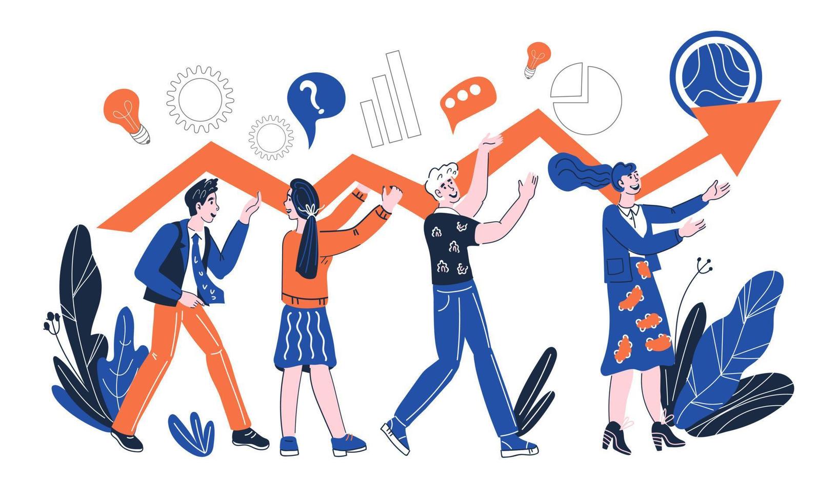 Business team cooperation concept with people rising up chart arrow. Successful teamwork and corporate unity. Command aspiration to success and financial growth. Cartoon vector illustration isolated.