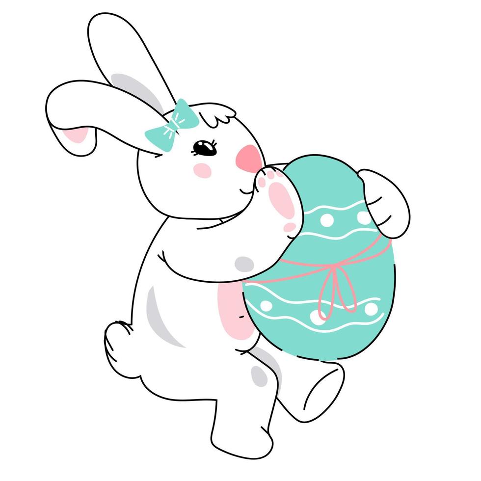 Easter bunny carrying egg. Cute adorable bunny or rabbit for Easter card or invitations, prints doodle kawaii style vector illustration isolated white background.