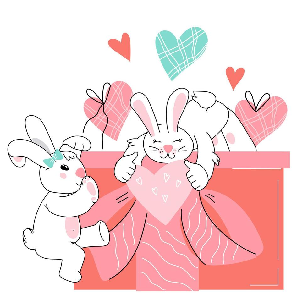 lindo conejito de dibujos animados con corazones para el día de san valentín y tarjetas de cumpleaños, ilustración vectorial. conejitos niña y niño por amor y tarjetas de felicitación. vector