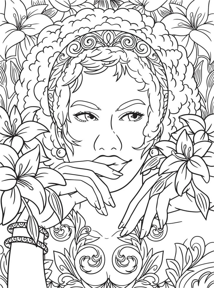 Afro American Flower Girl Adult Coloring Page vector
