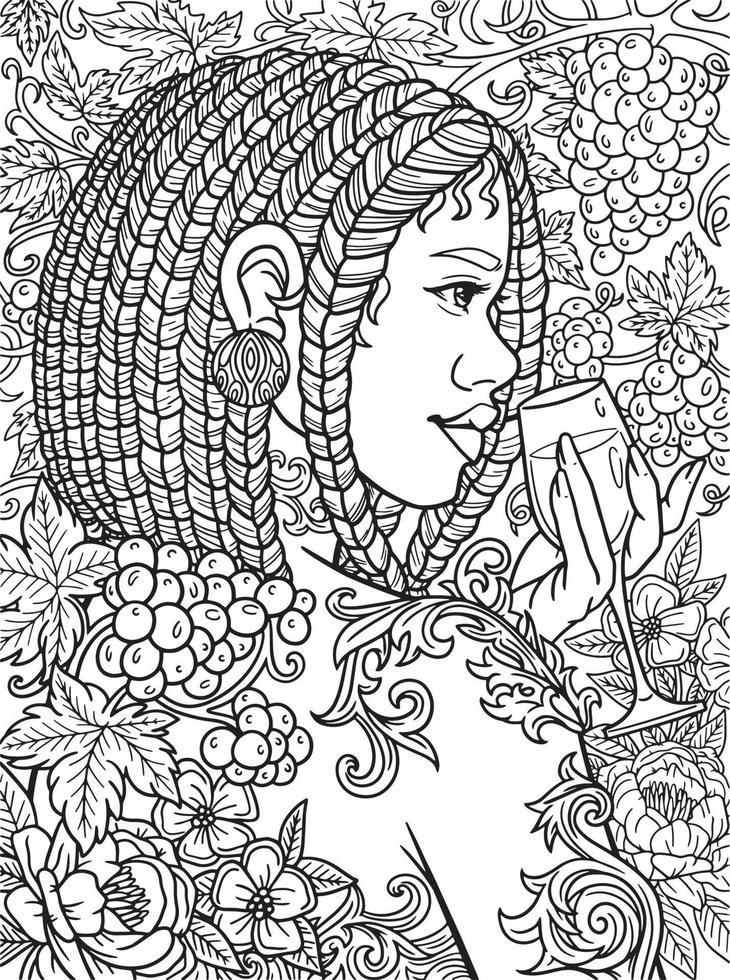 Afro American Girl With Wine Adult Coloring Page vector