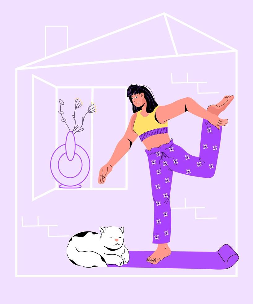 deporte en casa y concepto de afiche o pancarta de fitness con mujer joven haciendo ejercicio en casa, ilustración de dibujos animados vectoriales. entrenamiento de yoga en casa de una niña. vector