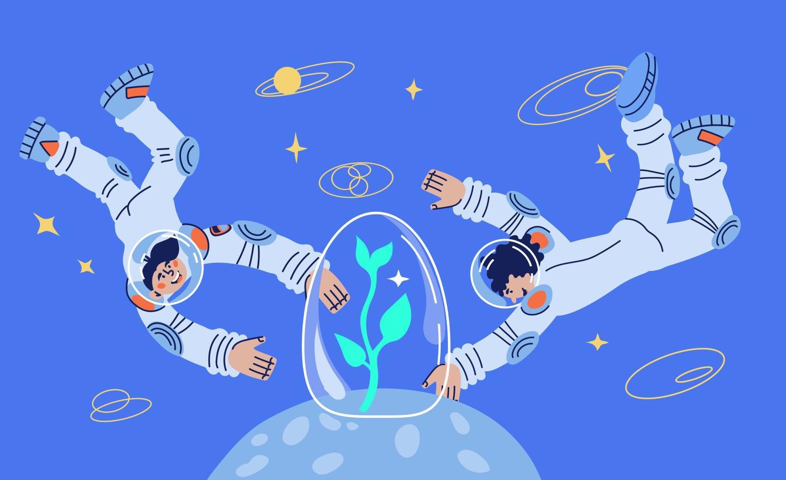 Cosmonauts or astronauts planting a tree on a new planet. Colonization and scientific research on growing plants for genetic engineering and human nutrition in space. Vector cartoon illustration.