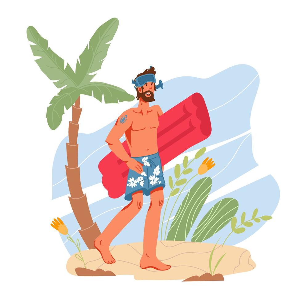 Swimmer man cartoon character at summer beach background. Water sport activity and recreation on sea shore. Summer vacation and holiday relaxation concept. Flat vector illustration isolated.