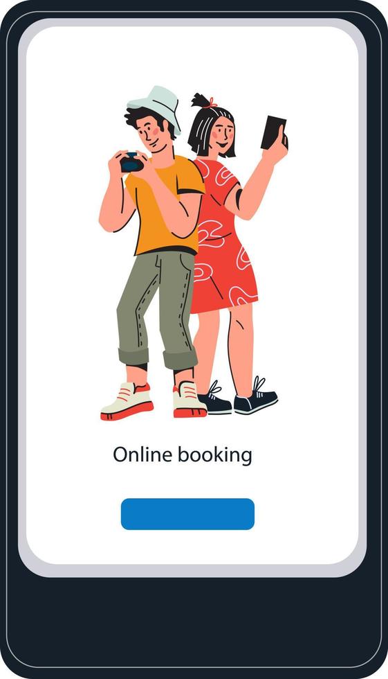 Online booking mobile application design for tourist website. Hotel and tickets internet reservation, travel agency concept with people cartoon characters. Flat vector illustration.