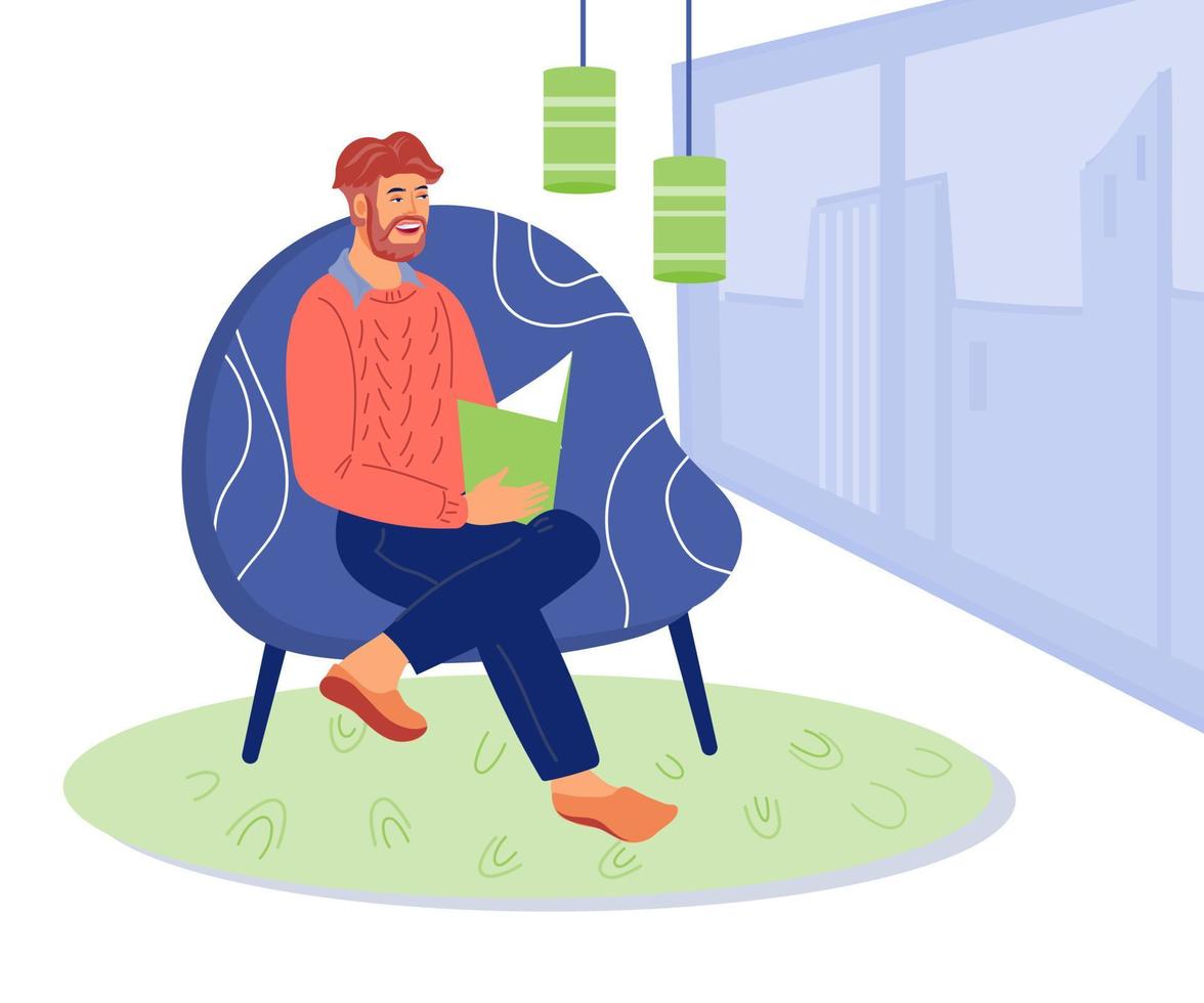 Man reading a book at home scene. Online library and remote education, home leisure and recreation. Literature heritage and power of knowledge. Flat vector illustration isolated.