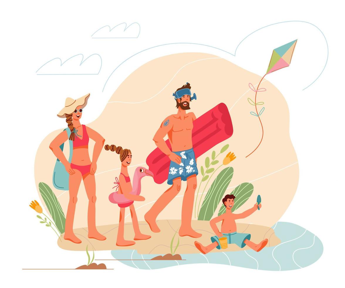 vacaciones familiares de verano en la escena de la playa. personajes de dibujos animados de padres e hijos en un viaje a la orilla del mar. actividad acuática y recreación. ilustración vectorial plana aislada. vector