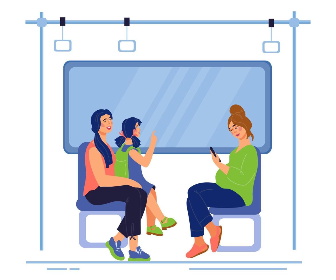 Passengers characters in subway or suburban train sitting and looking at window. People in public railway transport. Urban vehicle and transportation. Flat vector illustration isolated.