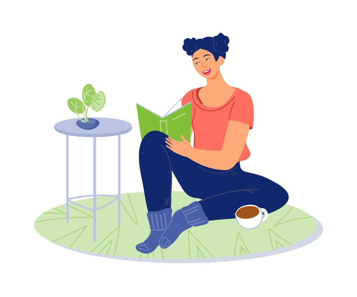 Woman cartoon character reading a book sitting on floor at home. Online library and remote education. Literature heritage and learning at home concept. Flat vector illustration isolated.